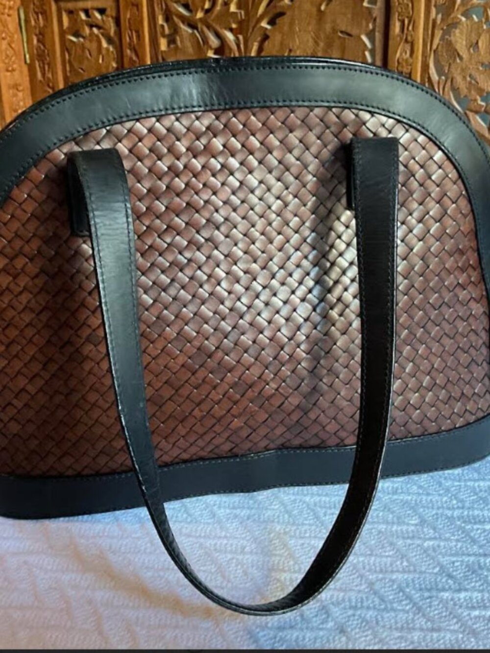 Vintage 90s Talbots Woven Leather Dome Handbag Made In Italy Black Brown